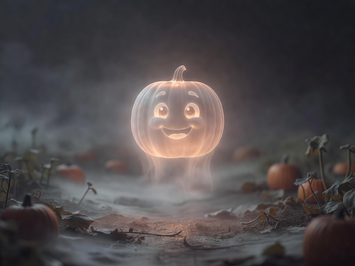 Ghostly glowing orange pumpkin with clean cute cartoon smile