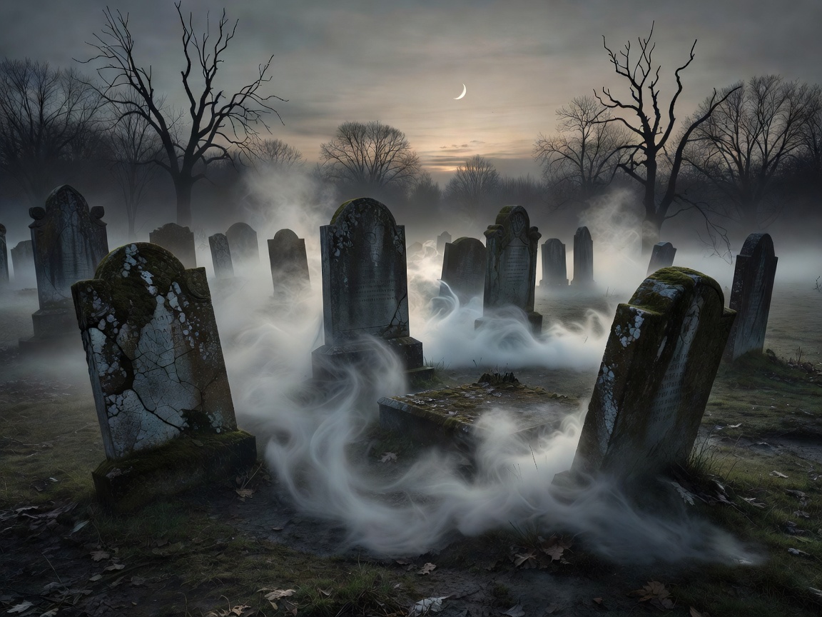 Spooky dark orange mist rising quietly over the graveyard landscape