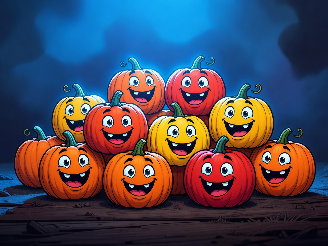 Orange vibrant cartoon pumpkins under stylized blue secure lights